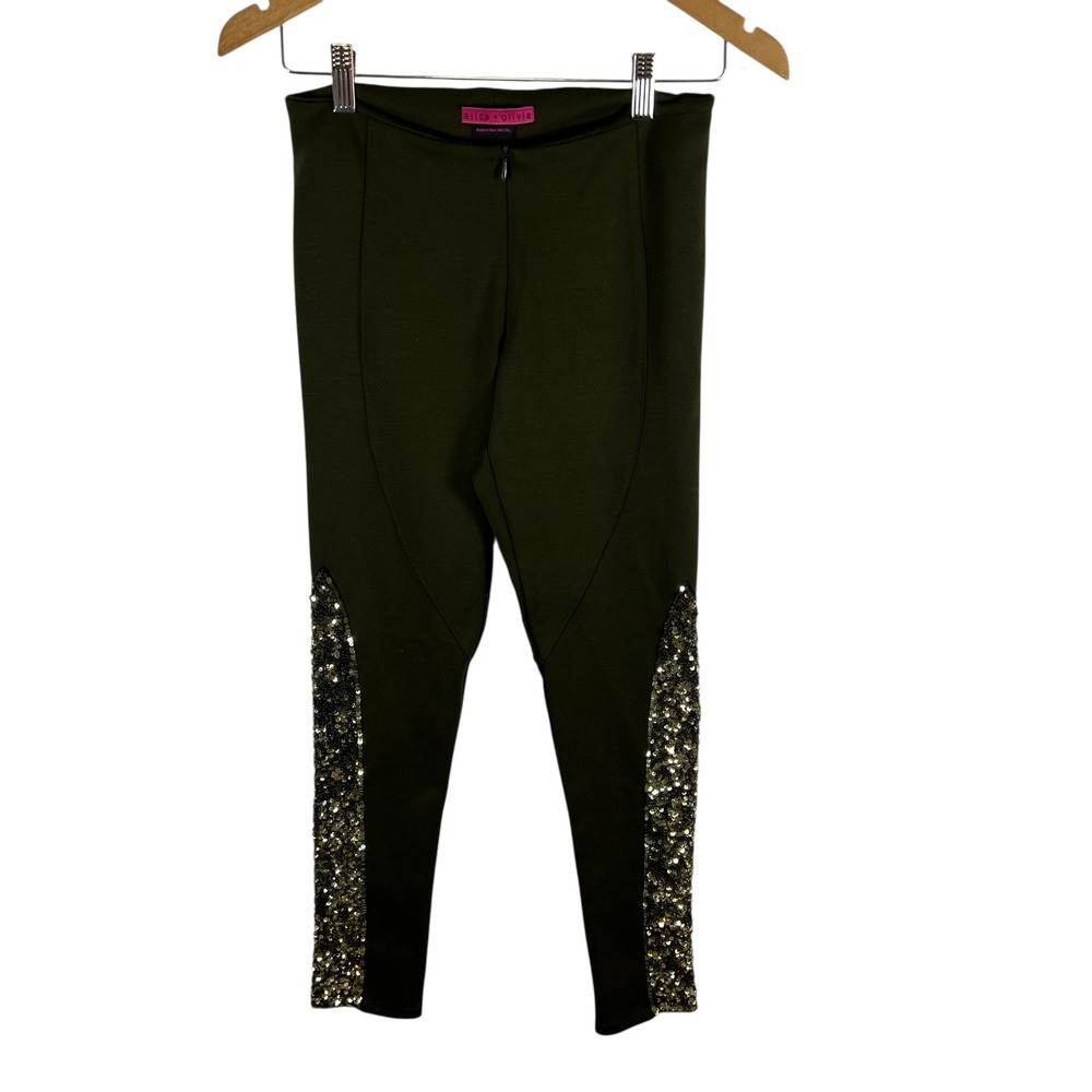 Alice + Olivia Olive Green Sequin Panel Leggings Slim Fit Pants Stretch Green